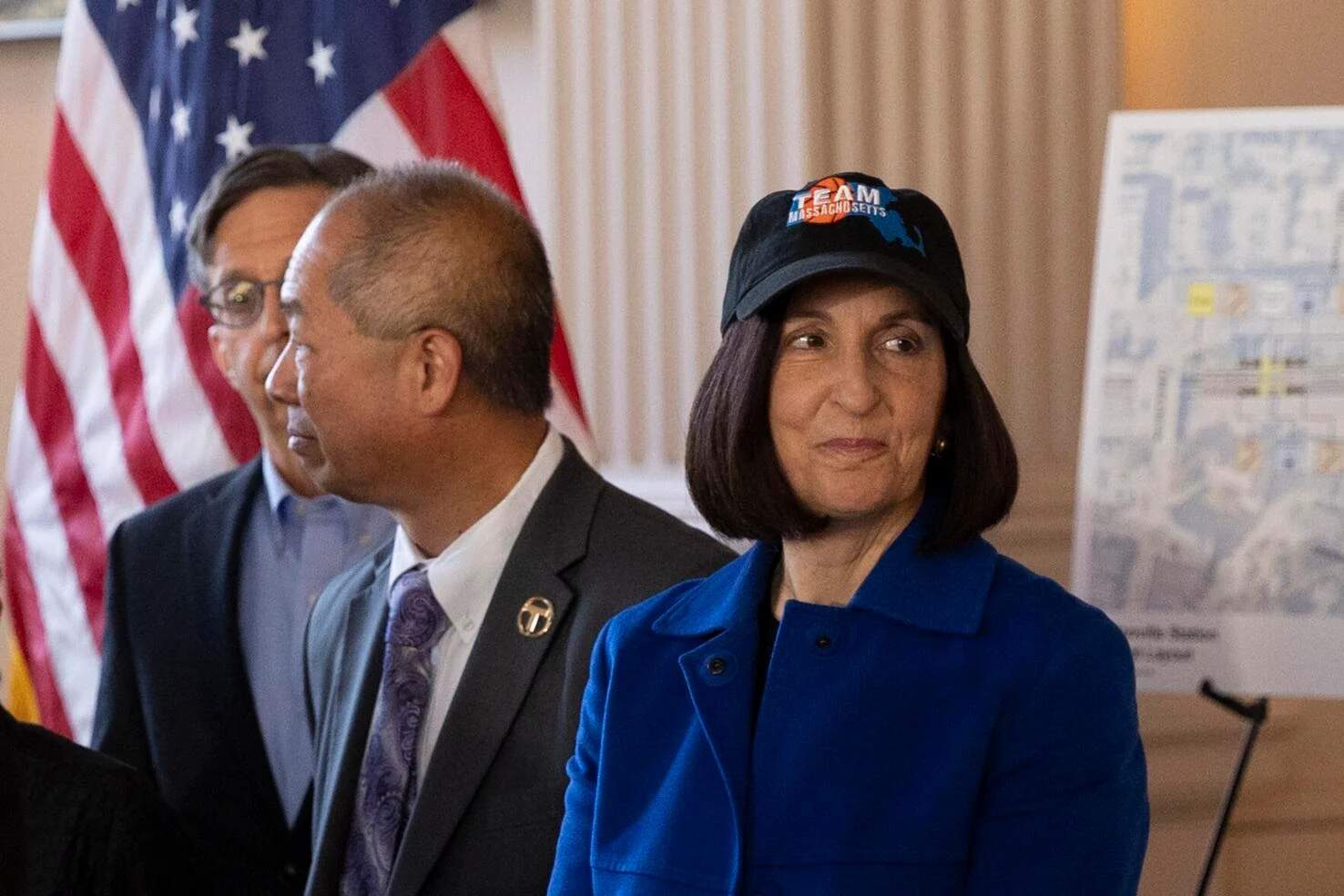 Newton Mayor Ruthanne Fuller (right) at a Nov. 25, 2024 press conference at Newton City Hall. (Chris Lisinski/SHNS)