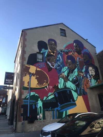“JazzWall New Bedford,” a mural by local artist Kat Knutsen. (Noah Schaffer for WBUR)