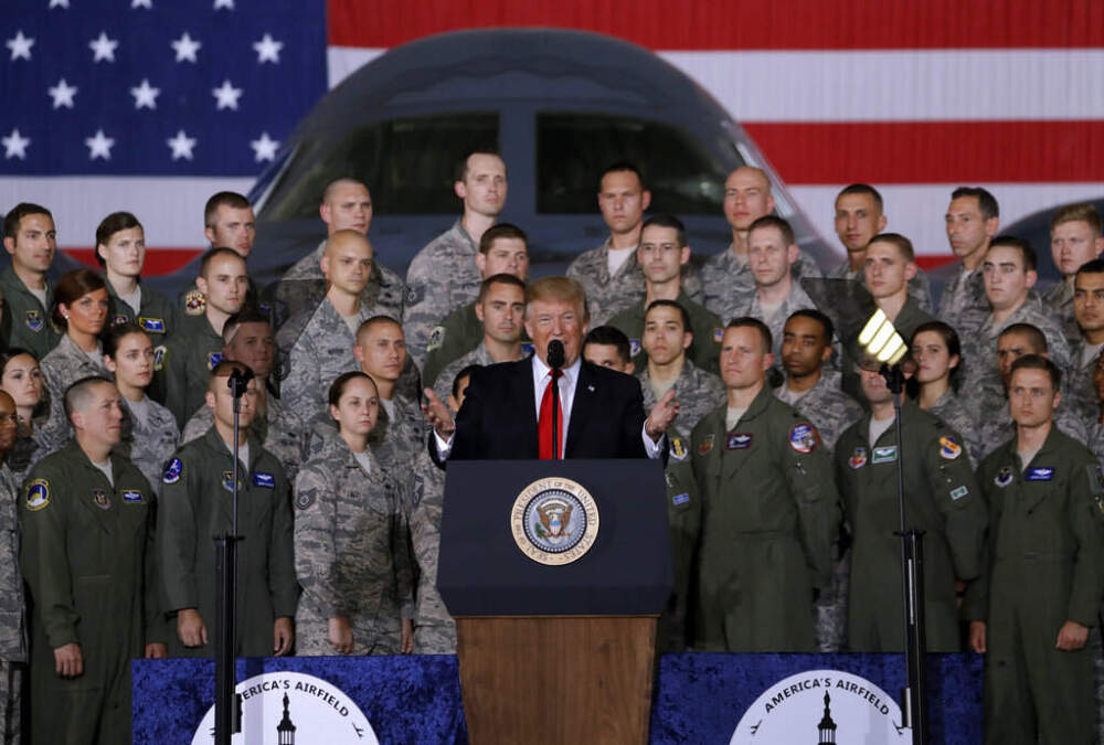 President Donald Trump speaks to military personnel and their families at Andrews Air Force Base, Md., on Friday, Sept. 15, 2017. (Evan Vucci/