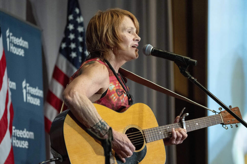 Singer, songwriter Shawn Colvin performs before Secretary of State Antony Blinken speaks at the Freedom House 2023 Annual Awards Ceremony, Tuesday, May 9, 2023, in Washington. (Alex Brandon/AP)