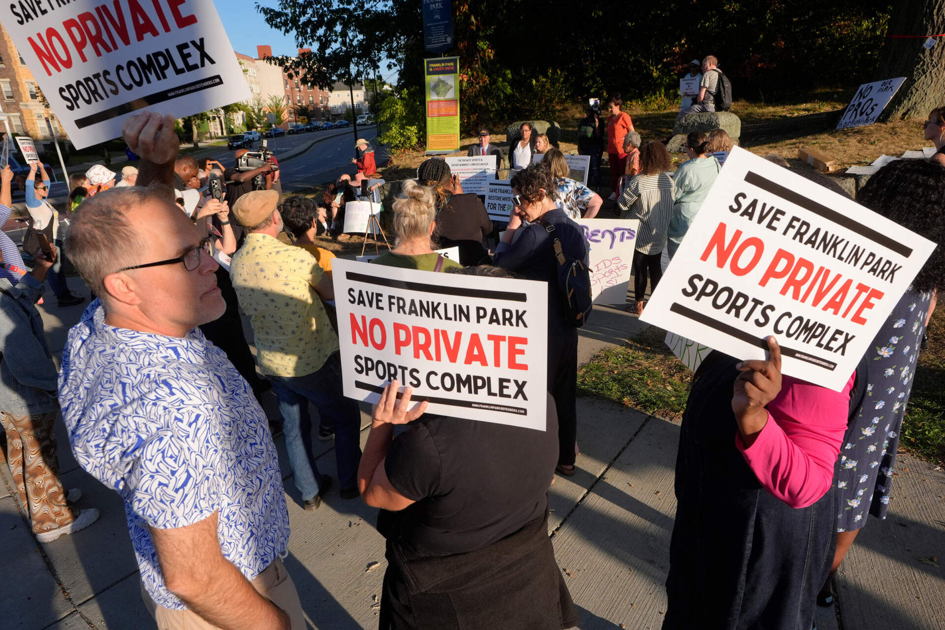 People rally to save White Stadium on Sept. 11, 2024, in Boston. (Steven Senne/AP)