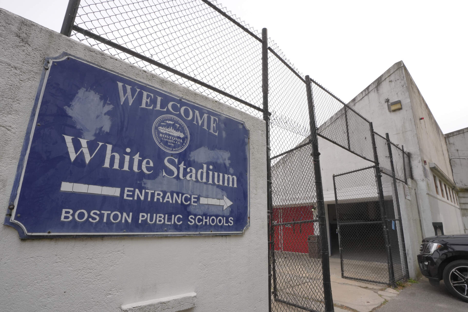 A sign marking an entrance to White Stadium in Boston. (Steven Senne/AP)