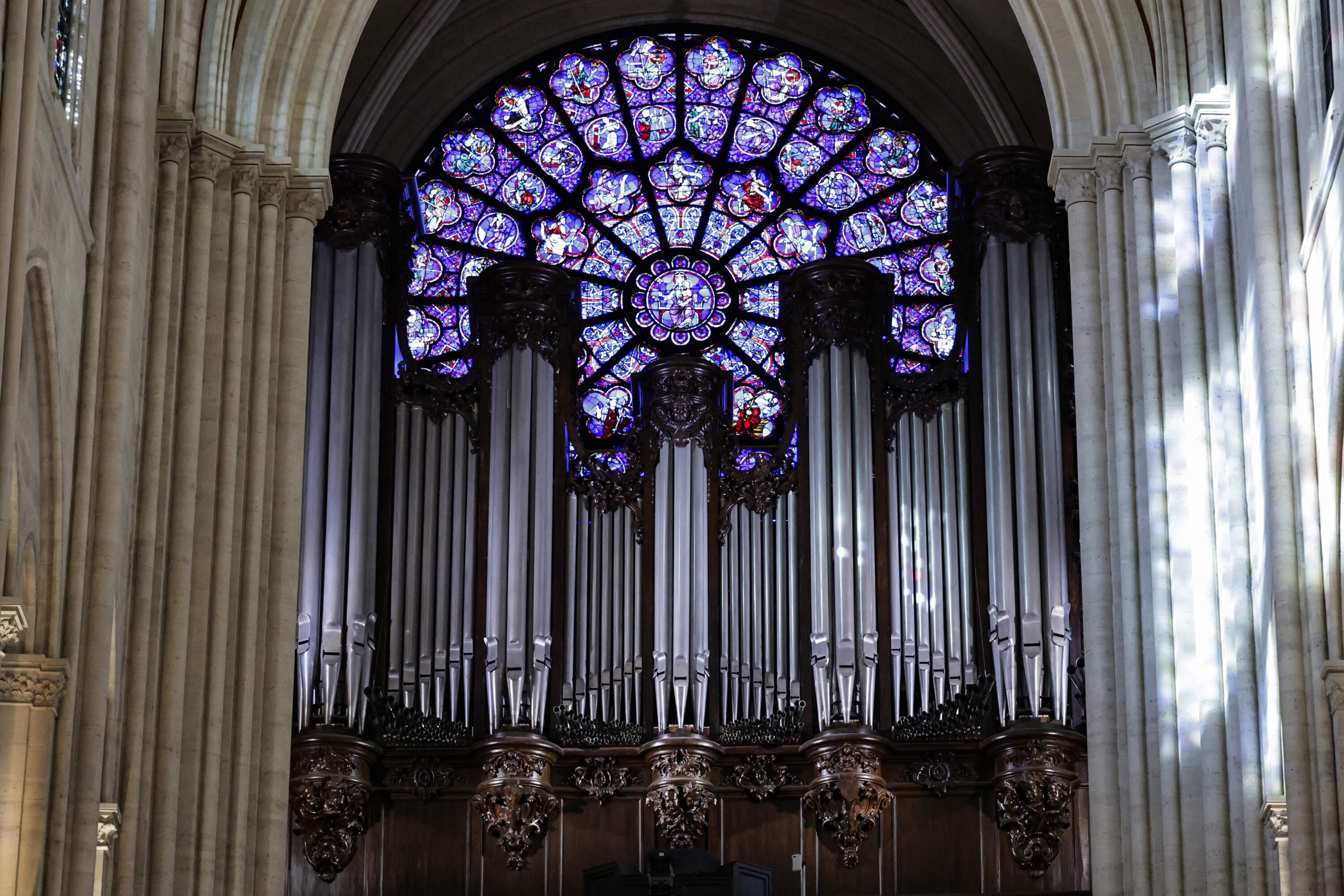 The western Rose window and the organ of Notre-Dame de Paris cathedral are seen on Nov. 29, 2024, in Paris. (Stephane de Sakutin/Pool Photo via AP)