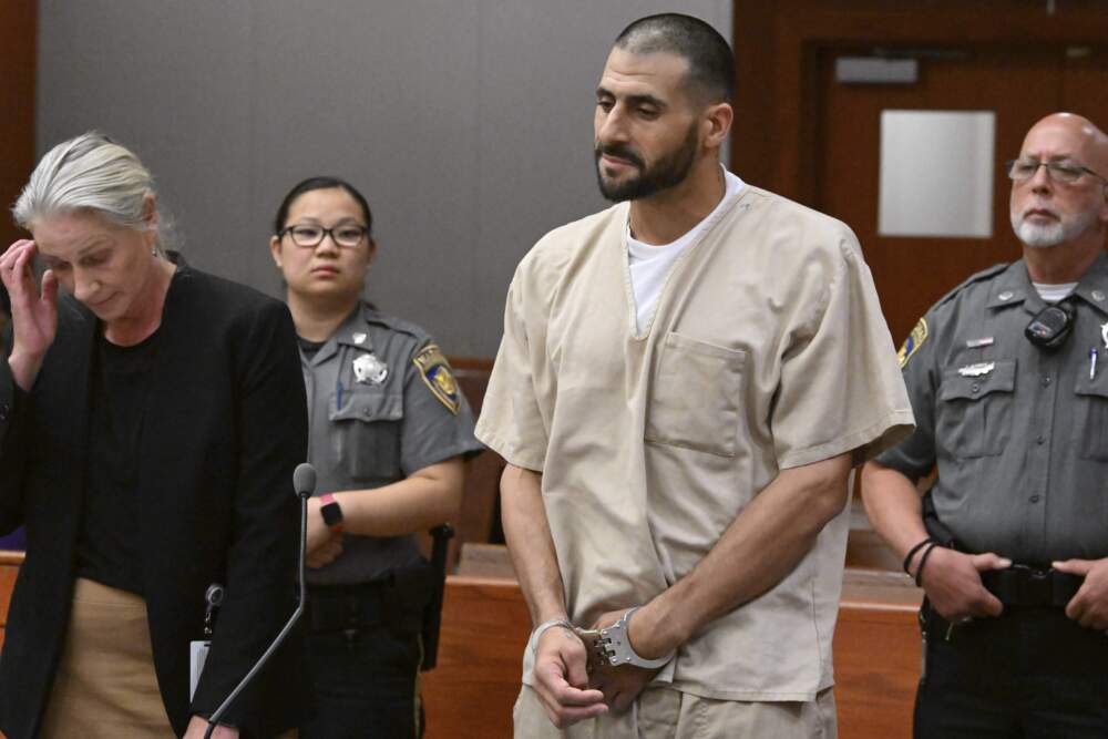Dennis Hernandez, the brother of the late New England Patriots tight end Aaron Hernandez, stands with his public defender during his arraignment, Aug. 1, 2023, at Connecticut Superior Court in New Britain, Conn. (Douglas Healey/New York Post via AP)