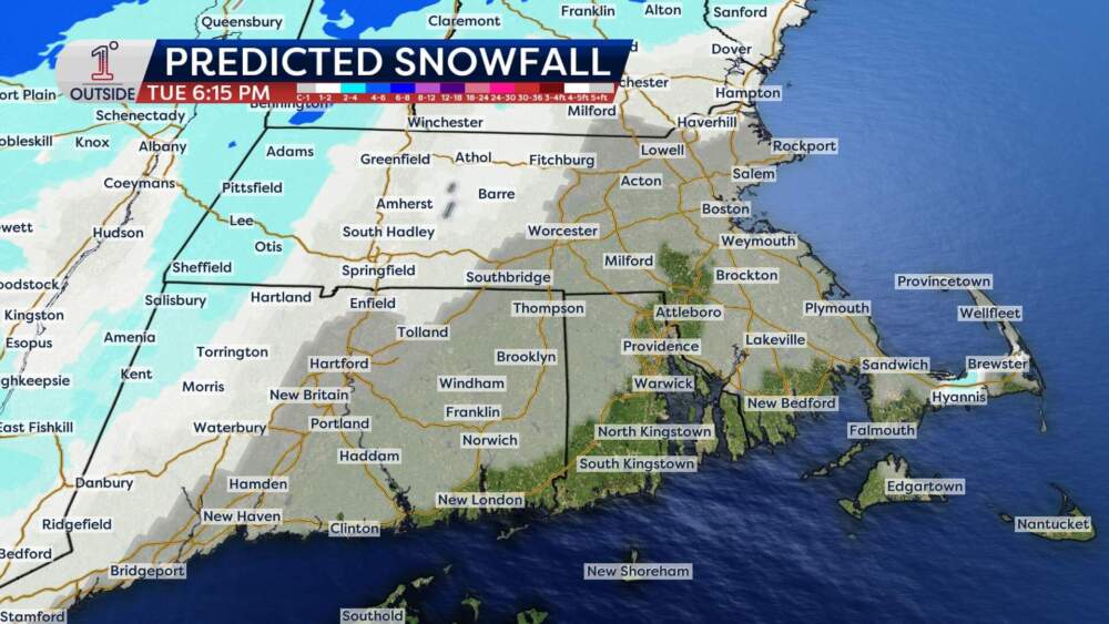 Predicted snowfall in southern New England for Tuesday, Dec. 24, 2024. (Danielle Noyes/1°Outside)