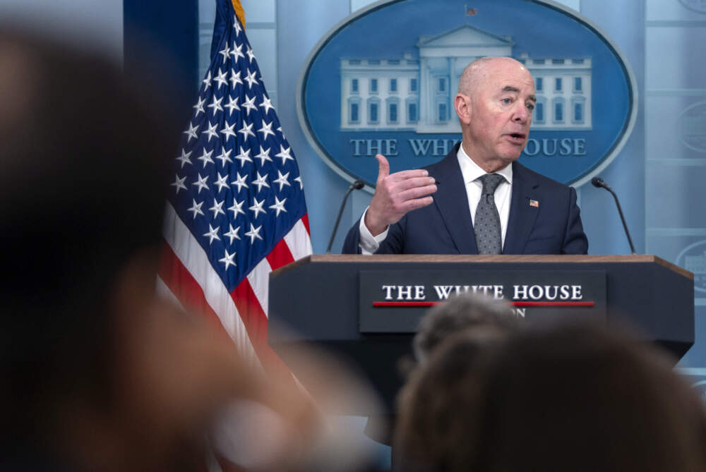 Homeland Security Secretary Alejandro Mayorkas speaks Tuesday, Oct. 1, 2024, during a briefing at the White House in Washington. (Mark Schiefelbein/AP)