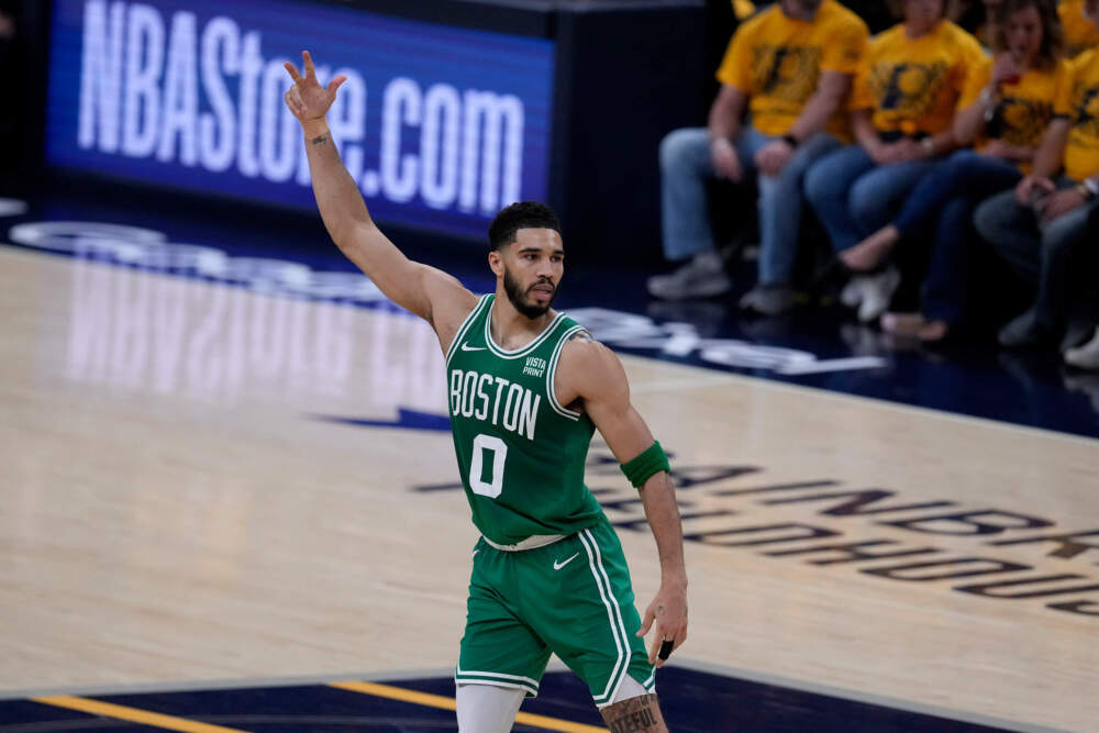 Boston Celtics forward Jayson Tatum reacts after making a three-point basket during the first half of Game 3 of the NBA Eastern Conference Finals against the Indiana Pacers, May 25, 2024. (Darron Cummings/AP)