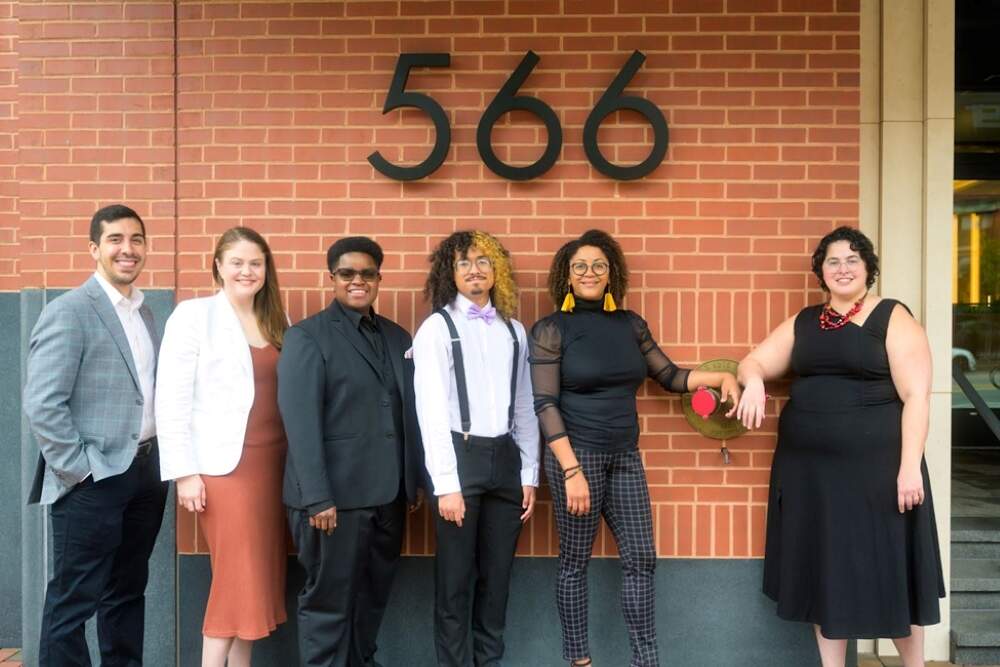 Castle of Our Skins' Ruben McFarlane, Kelley Hollis, Ciyadh Wells, Brandie Garcia, Ashleigh Gordon and Rachel Styles outside the future home for their organization at 566 Columbus Ave. in Boston. (Courtesy F Point Productions)