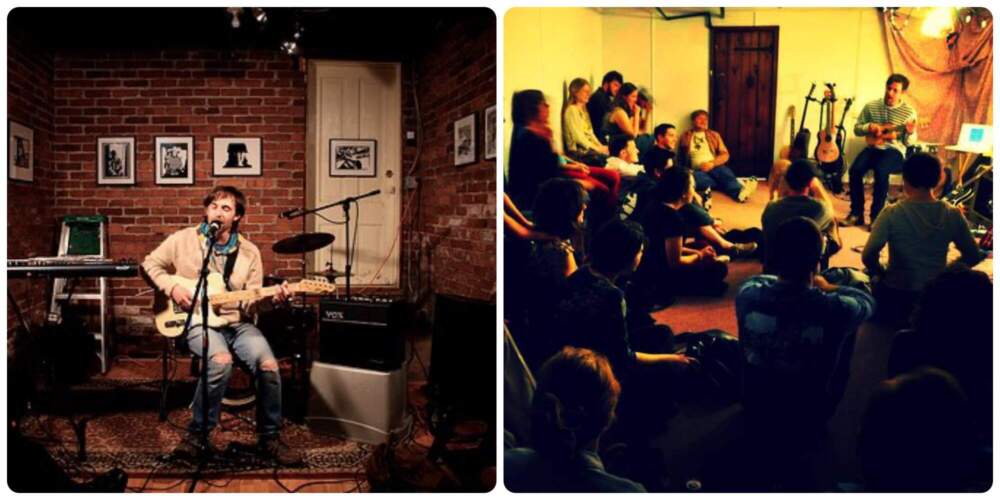 The author playing a solo set at The Garage in Charlottesville, Virginia, March 21, 2011 (left) and a house show, in Baltimore, Maryland, May 25, 2013. (Courtesy David Tanklefsky)