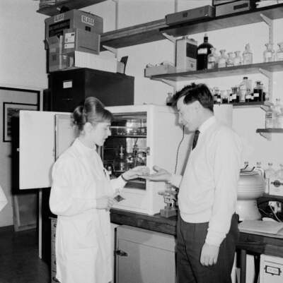British nurse and embryologist Jean Purdy and physiologist Robert Edwards in their research laboratory in Cambridge, England, on Feb. 28, 1968. (Central Press/Hulton Archive/Getty Images)