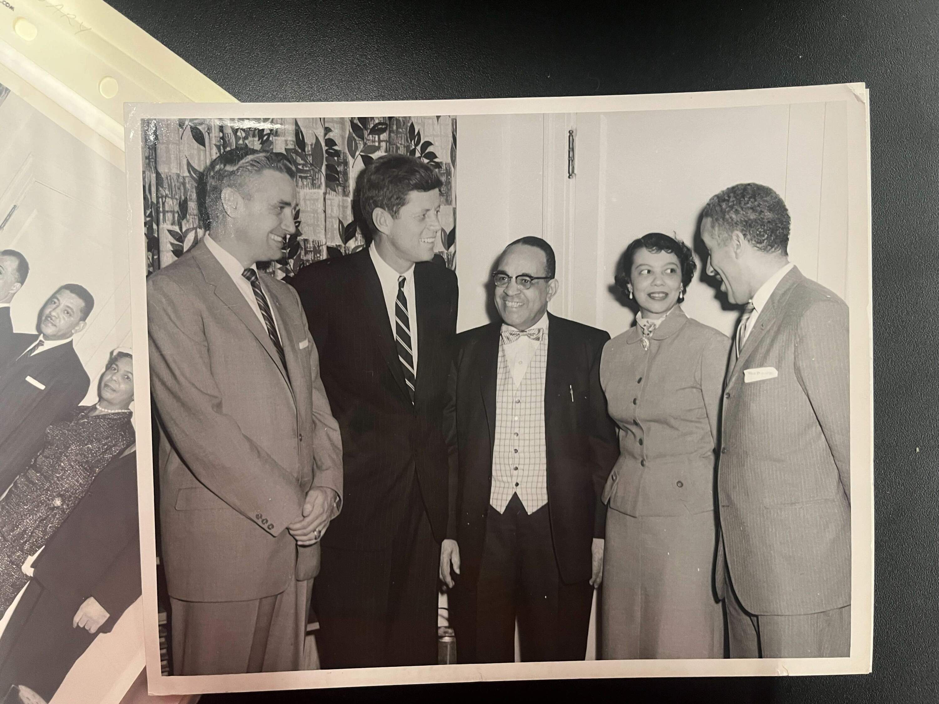 Ahead of Freedom House's tenth anniversary, John F. Kennedy made a visit while serving as a senator. He met with Otto and Muriel Snowden. (Courtesy Northeastern University Archives via Arielle Gray/WBUR)