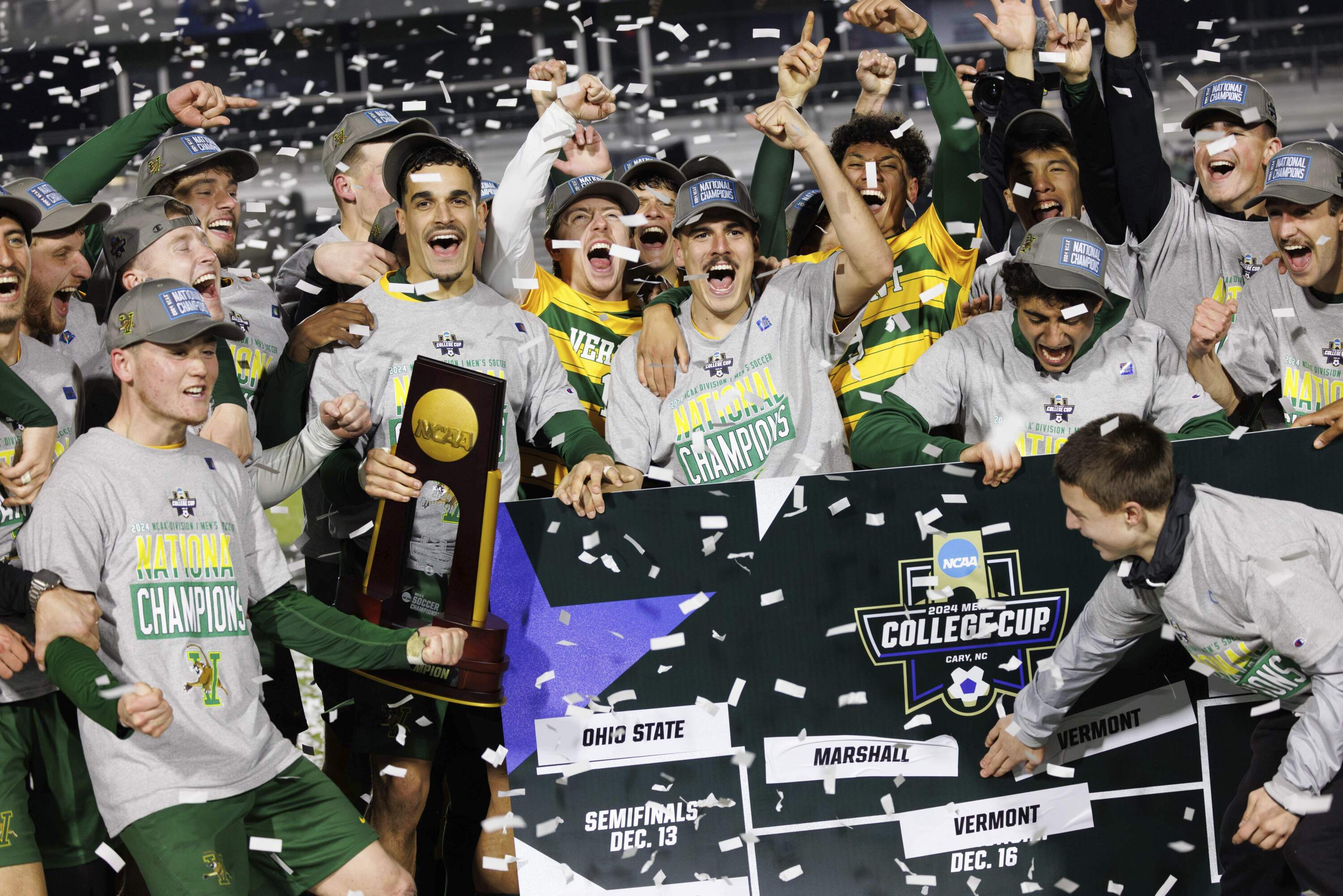 Vermont celebrates after defeating Marshall in the NCAA College Cup National Championship soccer final in Cary, N.C., Monday, Dec. 16, 2024. (Ben McKeown/AP)