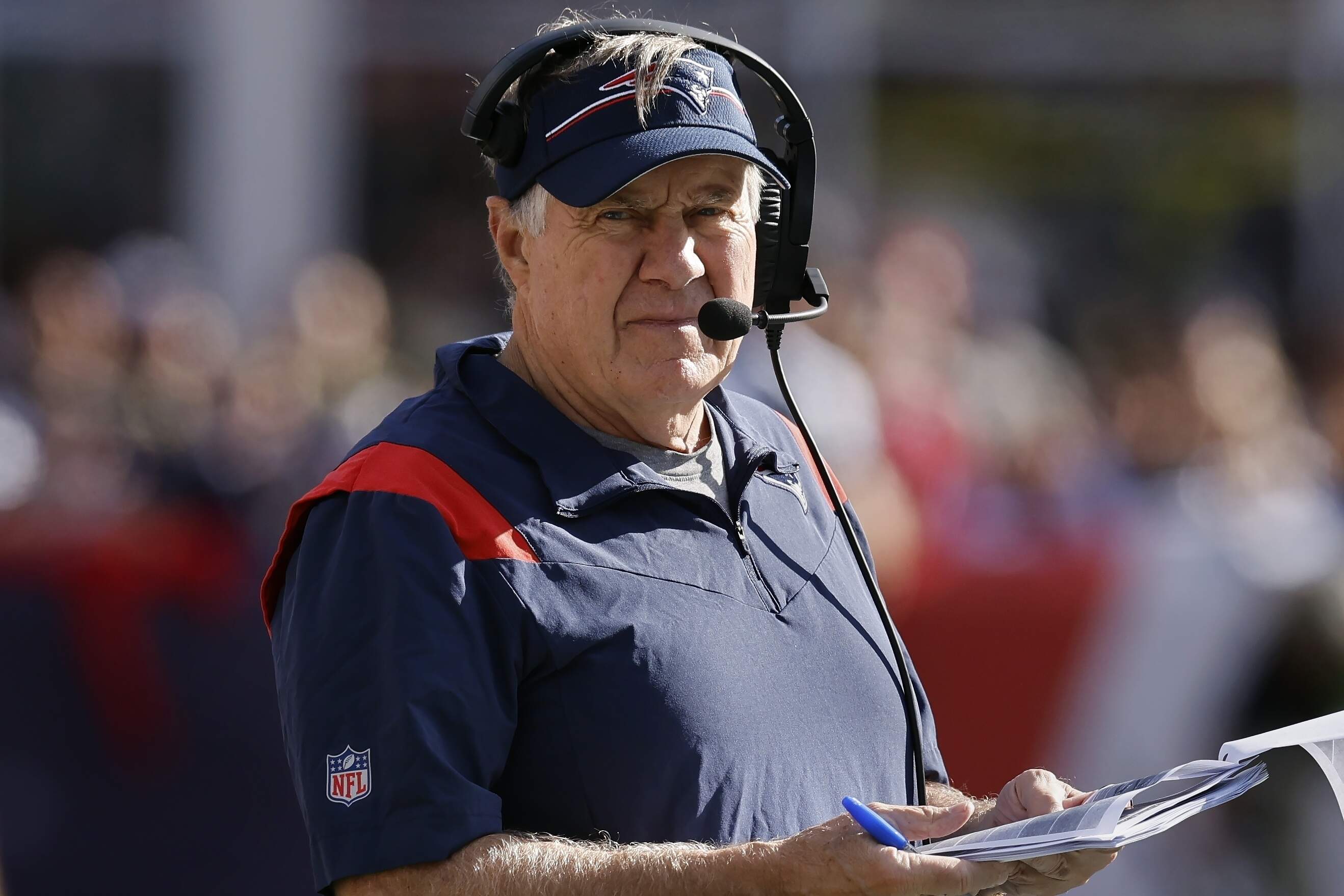 Then-New England Patriots head coach Bill Belichick during the second half of an NFL football game Oct. 8, 2023, in Foxborough, Mass. (Michael Dwyer/AP)