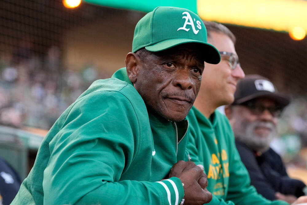 Former Oakland Athletics player Rickey Henderson looks on before a baseball game between the Athletics and the Texas Rangers in Oakland, Calif., Sept. 25, 2024. (Jeff Chiu/AP)