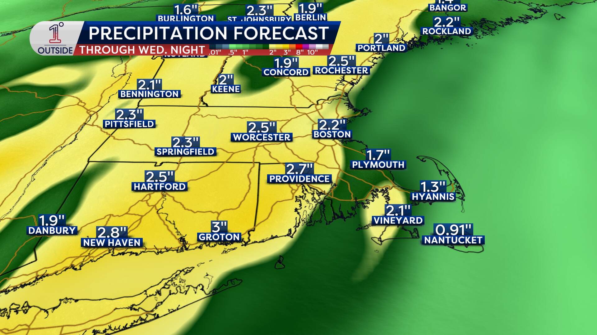 Predicted rain across New England for the incoming storm. (Danielle Noyes/1°Outside)