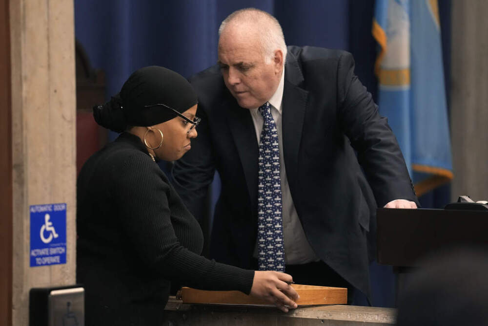 Boston City Councilors Ed Flynn and Tania Fernandes Anderson pictured together at a meeting in October 2023. (Steven Senne/AP)