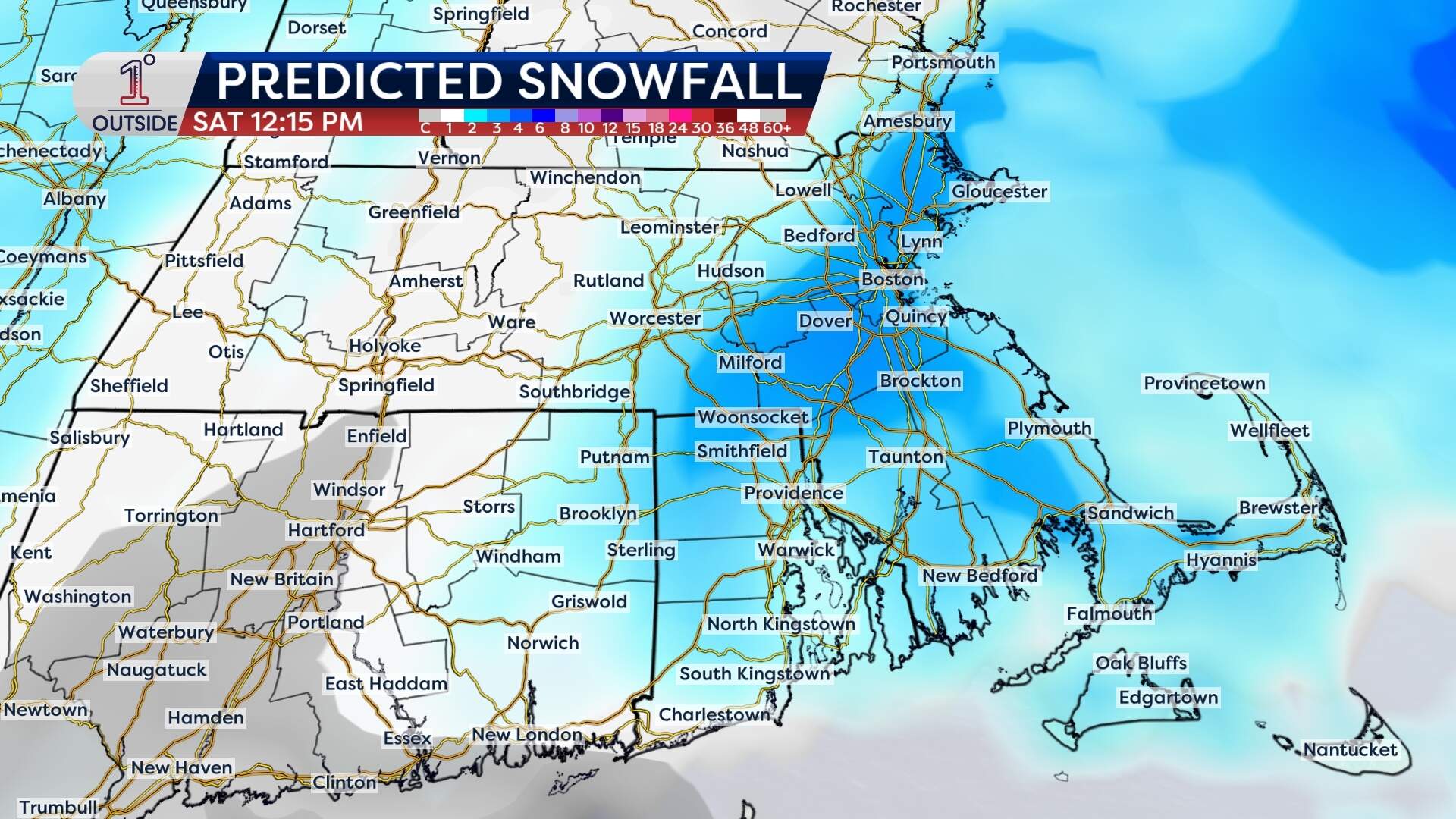 Predicted snow accumulation. (Danielle Noyes/1°Outside)