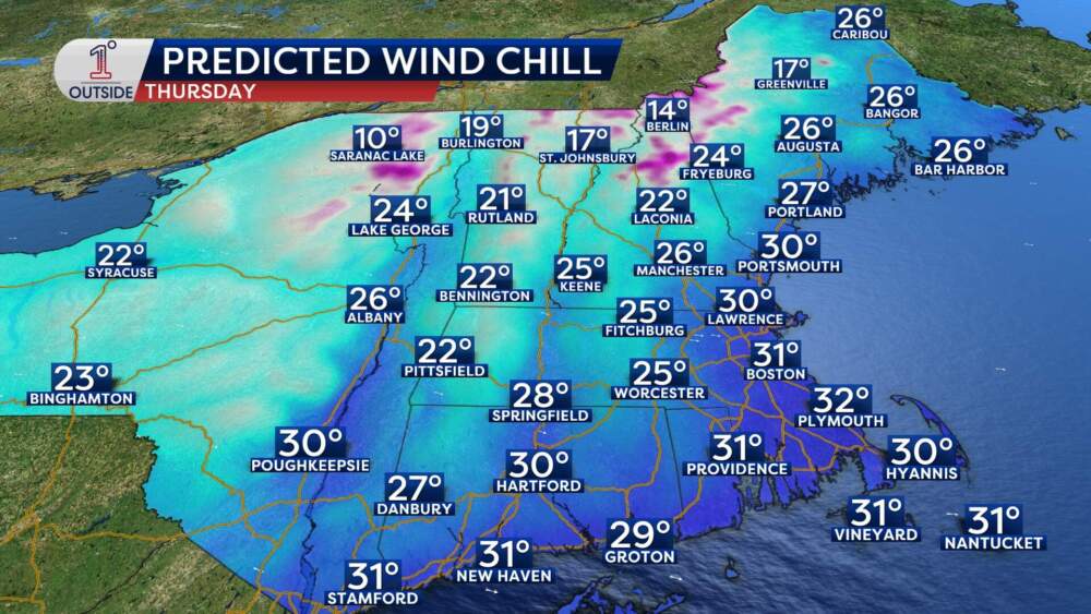 Predicted temperatures with wind chills throughout New England on Thursday. (Courtesy Danielle Noyes/1°Outside)