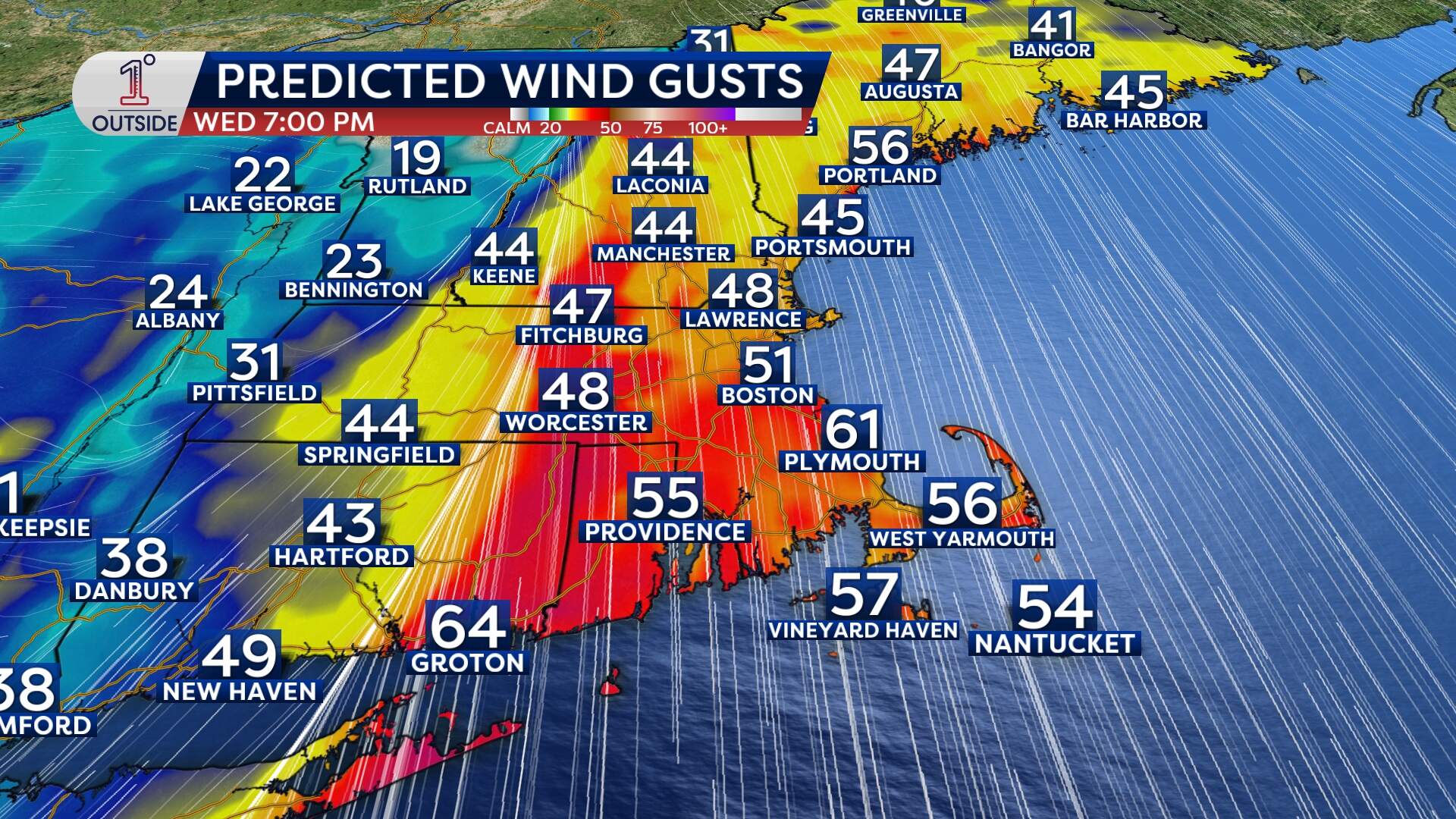 Predicted wind gusts across southern New England for Wednesday evening. (Danielle Noyes/1°Outside)