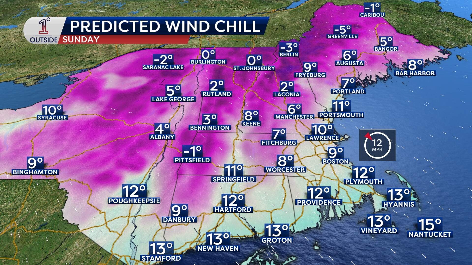 Expected wind chill on Sunday. (Danielle Noyes/1°Outside)