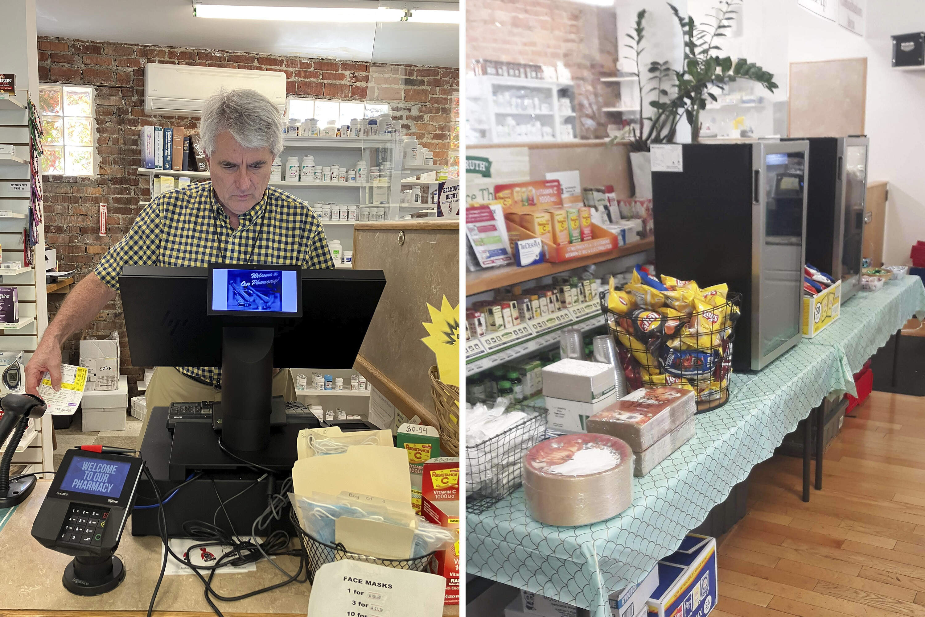 Left, Bob Pavlan, manager of Belmont Pharmacy. Right, the Belmont Pharmacy Christmas buffet: sanwiches, chips and drinks. (Courtesy Rich Barlow and Bob Pavlan)