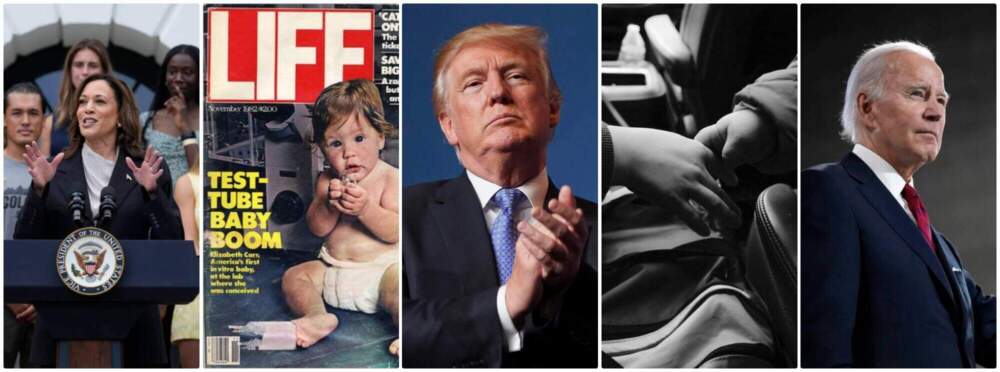 Left to right: Vice President Kamala Harris on Monday, July 22, 2024 (AP); Elizabeth Carr on the cover of the November 1982 issue of Life magazine (Courtesy Elizabeth Carr); Now President-elect Donald Trump on Tuesday, Oct. 17, 2017, in Washington, D.C. (AP); Two of the Kelly Cervantes' children hold hands in the family's car in 2019 (Megan Allen, Studio 22 Photography/Courtesy Kelly Cervantes); President Biden on Jan. 26, 2023 (AP).