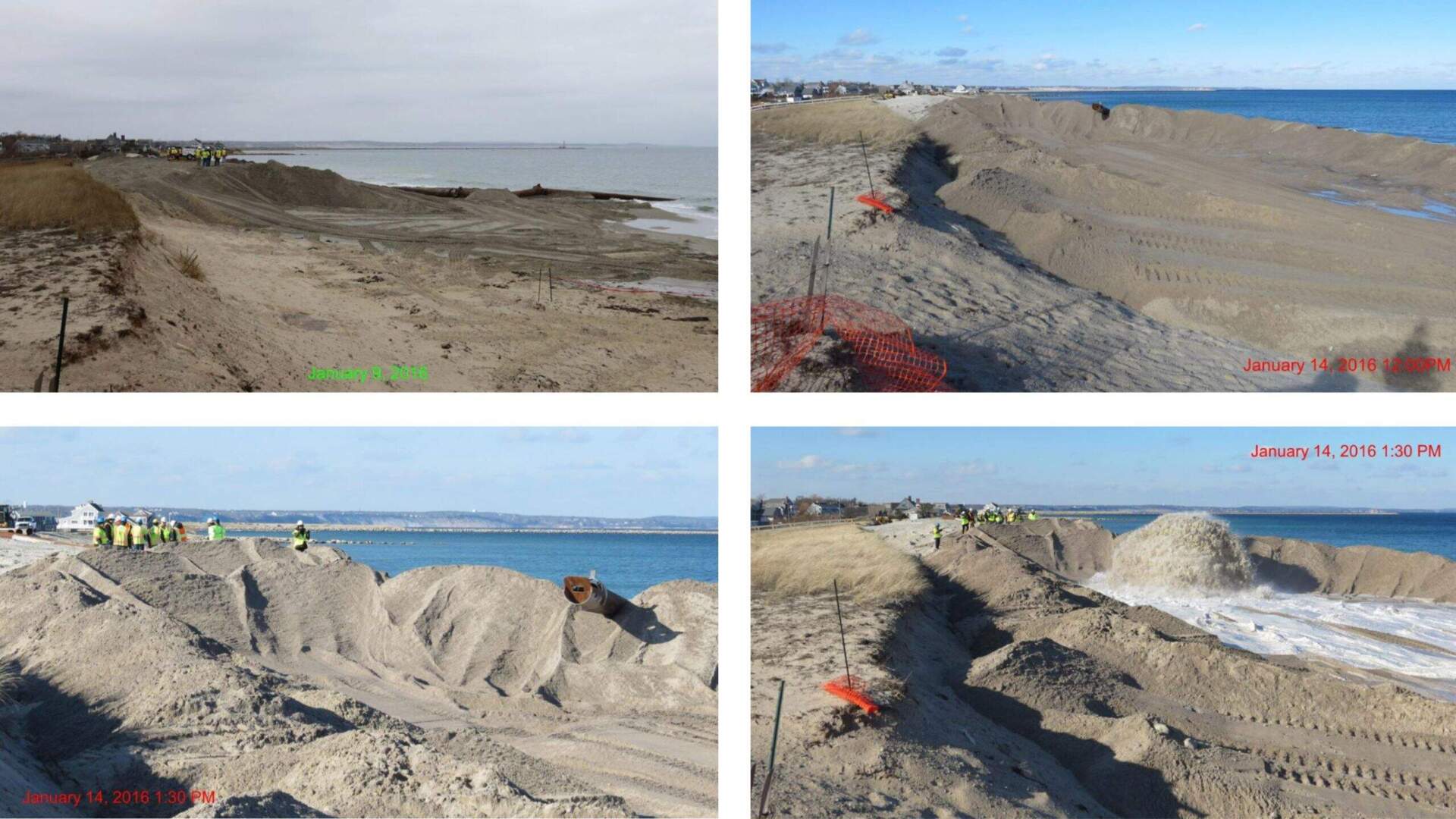 Photos show the progression of the dredging and renourishment done by the Army Corp of Engineers at Town Neck beach in January, 2016. (Courtesy of Laura Wing, Trustees of Sandwich Beaches)