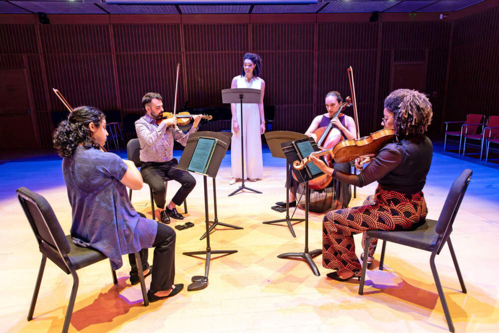 Castle of our Skins artists Annie Rabbat, Matthew Vera, Alexis Peart, Matthew Vera and Ashleigh Gordon during a performance at the Isabella Stewart Gardner Museum. (Courtesy Lauren Miller)