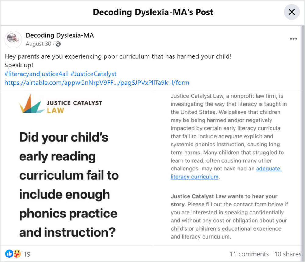 Decoding Dyslexia-MA posted a callout to parents in August. Screenshot from Facebook