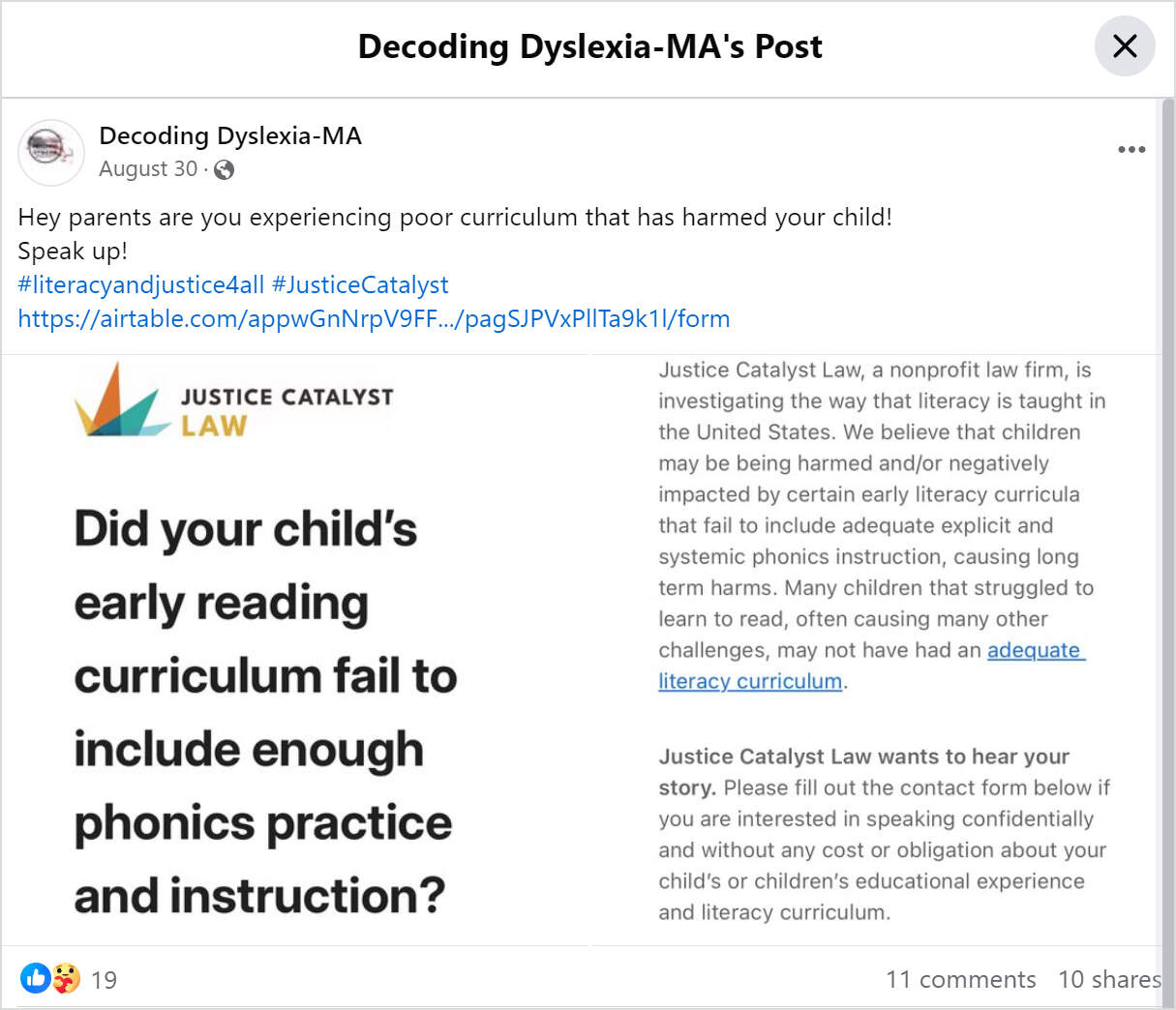 Decoding Dyslexia-MA posted a callout to parents in August. Screenshot from Facebook