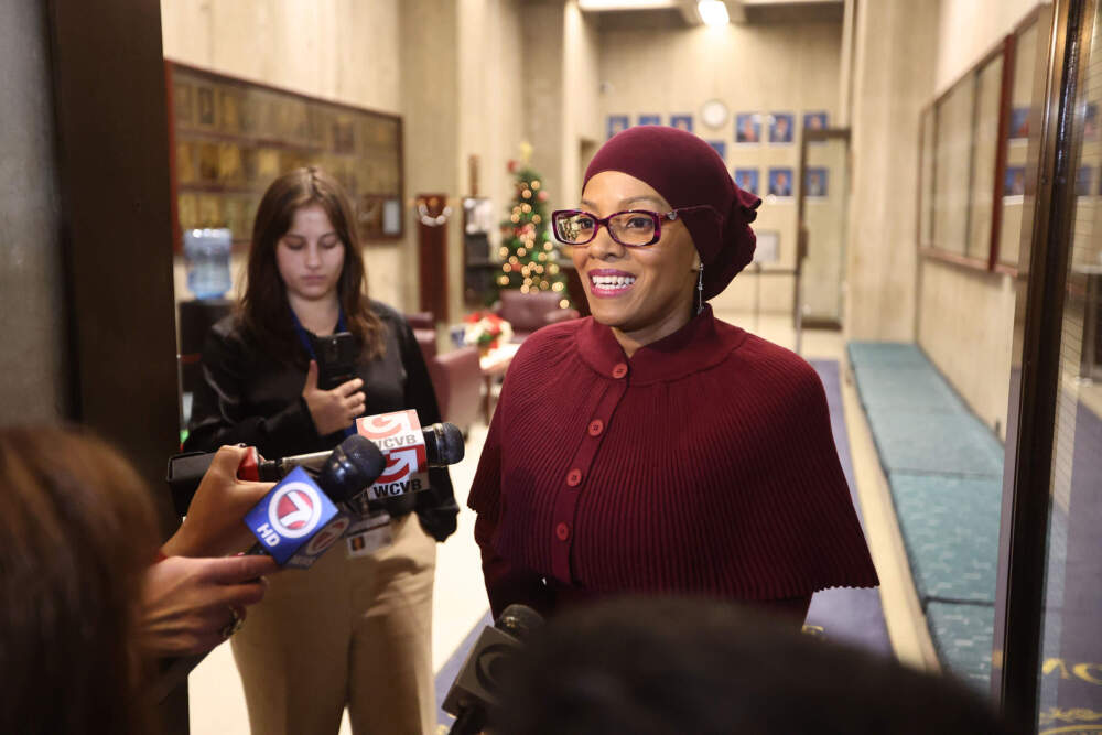 Boston City Councilor Tania Fernandes Anderson returns for the final city council meeting on Dec. 11 following her arrest on federal charges. (Stuart Cahill/Boston Herald via Getty Images)