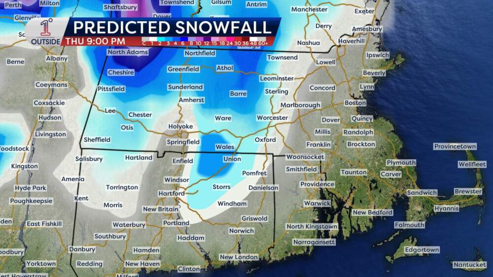 Predicted snowfall from the mid-week storm. (Danielle Noyes/1°Outside)