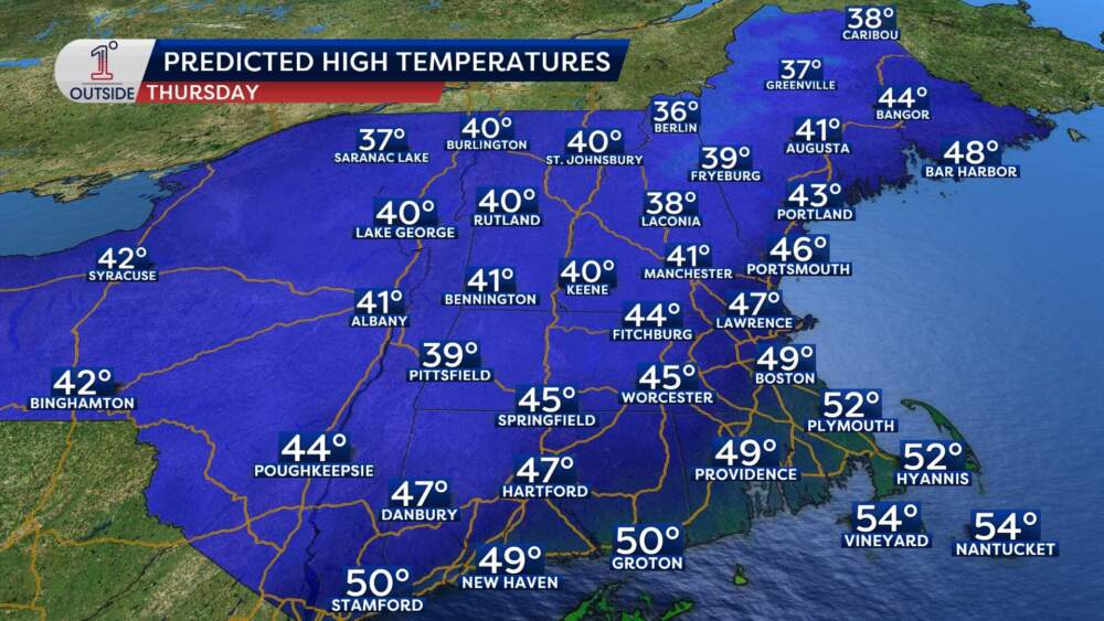 Predicted high temperatures on Thursday, Dec. 5, 2024. (Danielle Noyes/1°Outside)