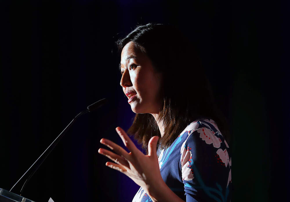 Boston Mayor Michelle Wu addresses a conference in Boston in late October. (John Tlumacki/The Boston Globe via Getty Images)