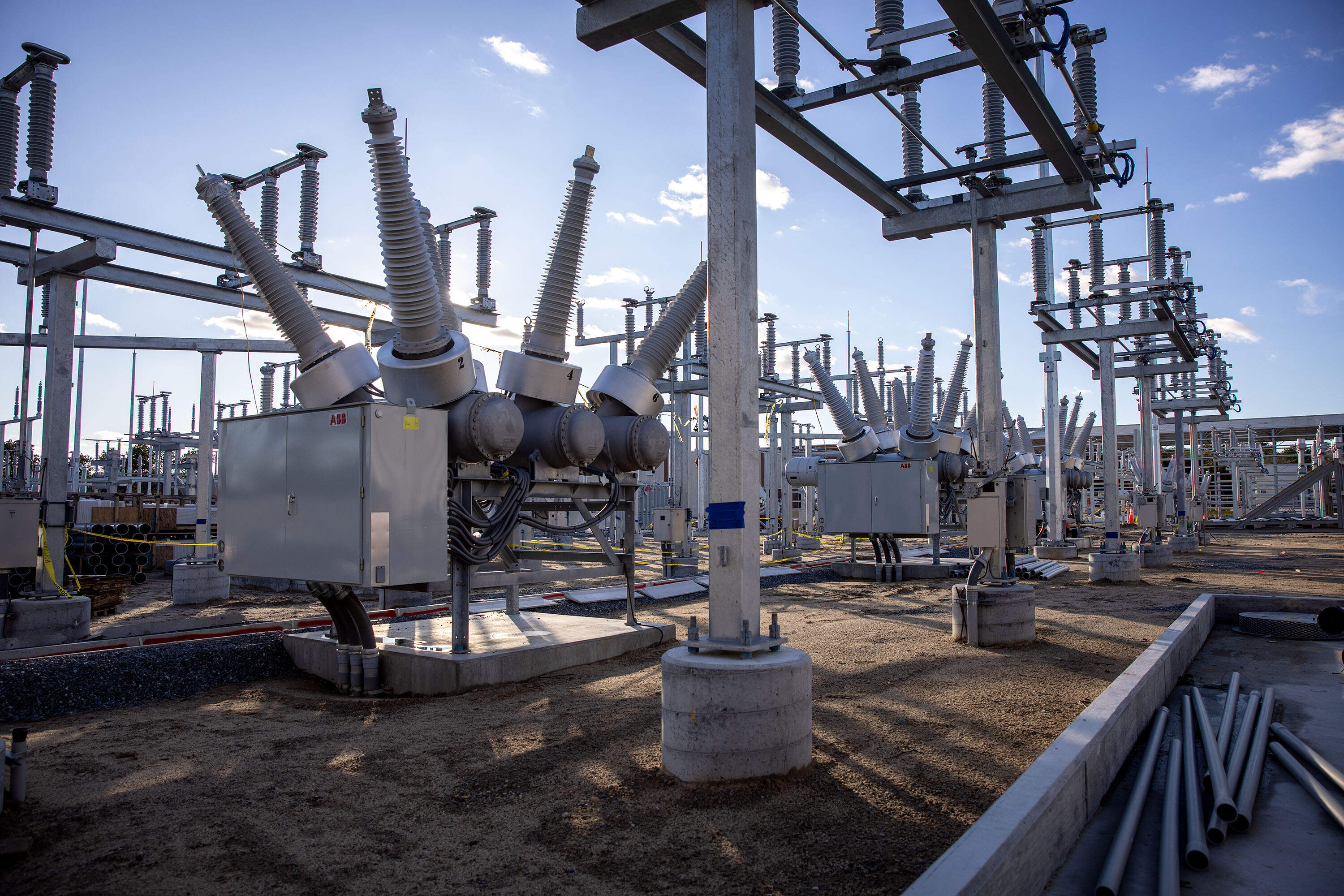 Post insulators and current transformers at Vineyard Wind's electrical substation in Barnstable. (Robin Lubbock/WBUR)