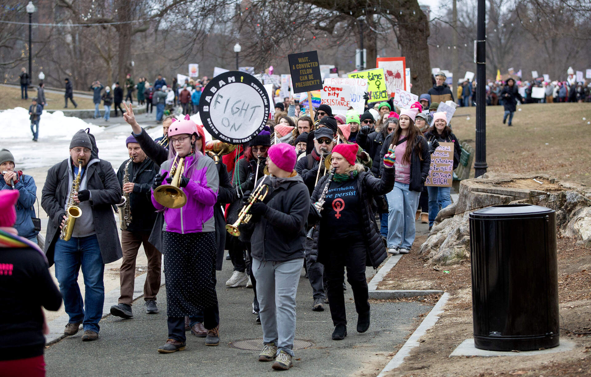 A line of demonstrators winds its way across Boston Common. (Robin Lubbock/WBUR)
