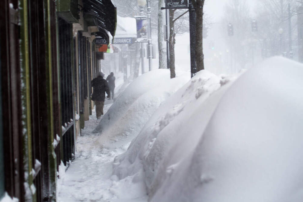 The snowbanks along Market Street in Lynn, Mass., made sidewalks tough to navigate on Feb. 2, 2015. (Jesse Costa/WBUR)