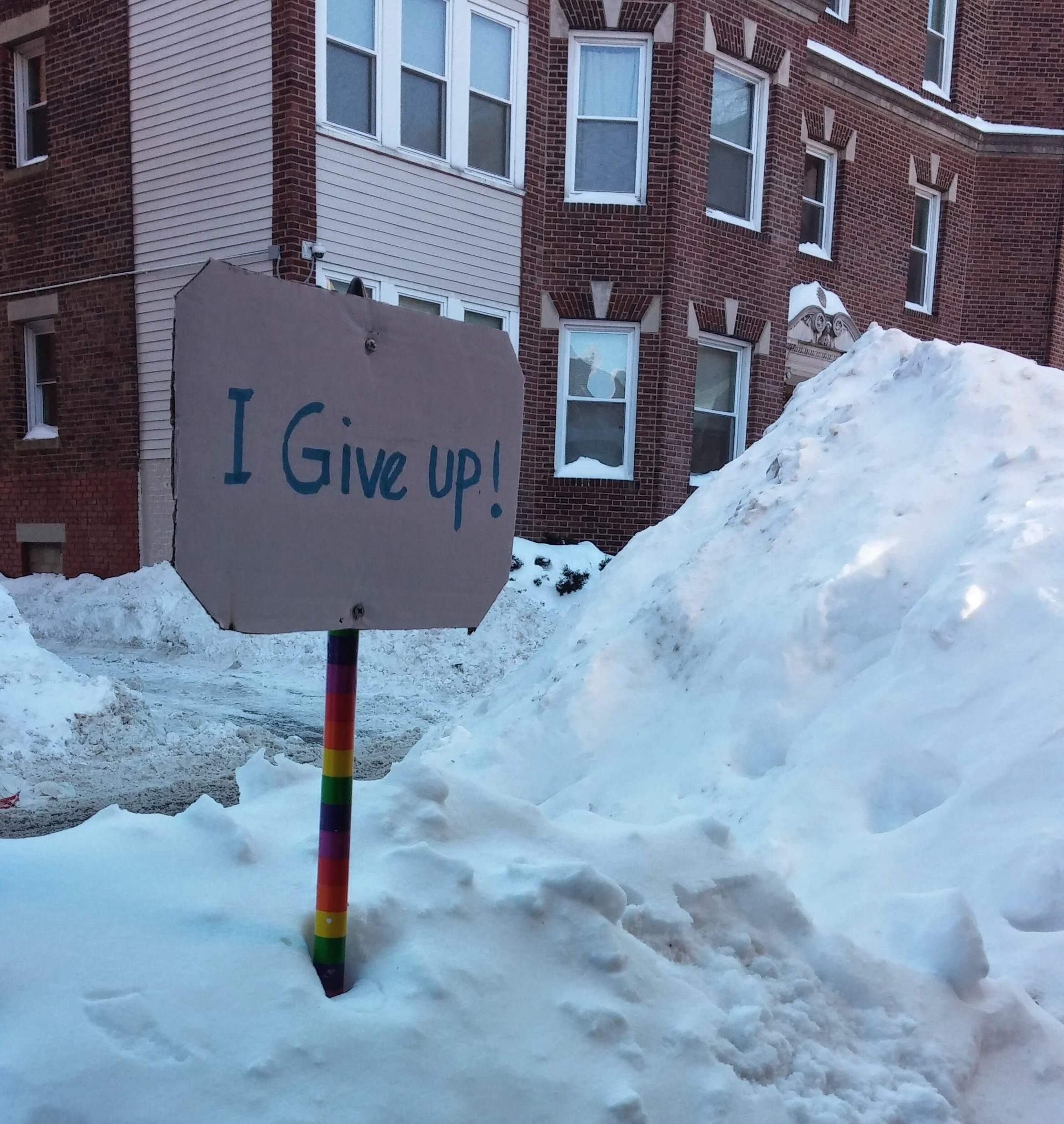 A snow bank with a sign planted in it. (Courtney Keller/WBUR)