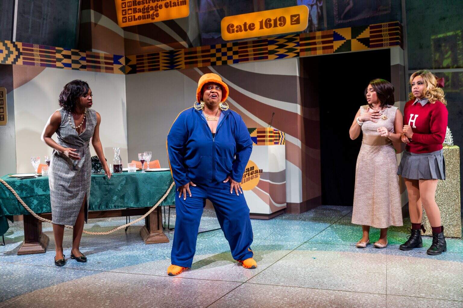 From left: Dru Sky Berrian, MaConnia Chesser, Kiera Prusmack and Schanaya Barrows in SpeakEasy Stage's production of "Ain't No Mo'." (Courtesy of Nile Scott Studios)