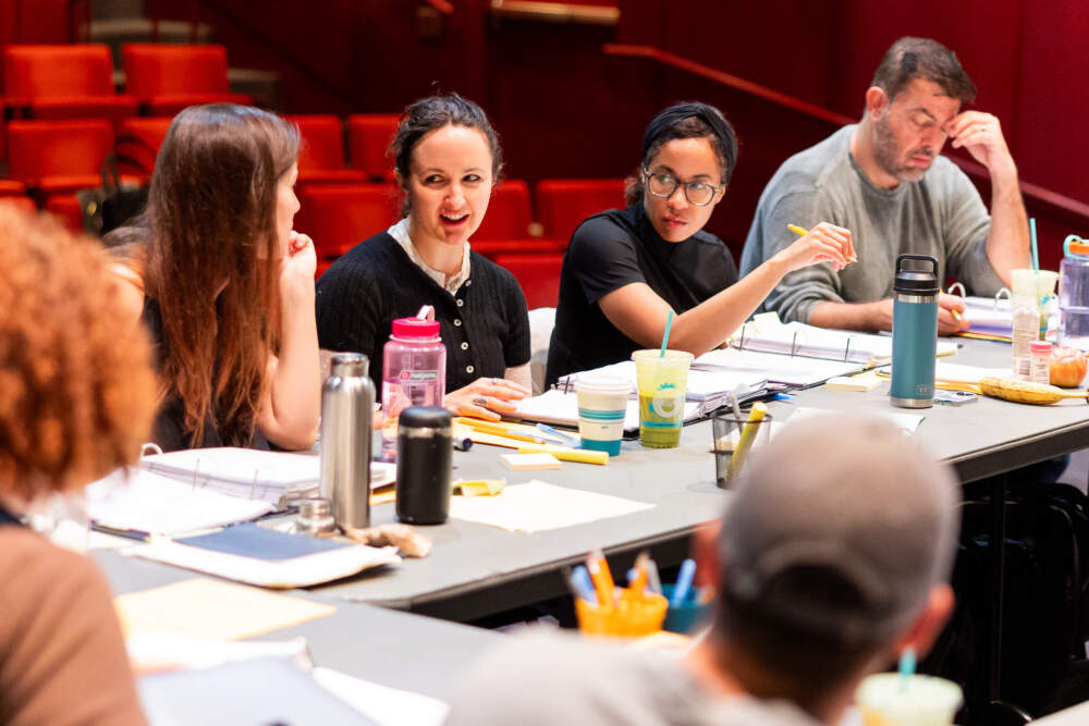 From left: Shana Cooper, Kate Hamill, Steph Paul and Jason O'Connell in the October 2023 workshop for "The Odyssey." (Courtesy Nile Scott Studios)