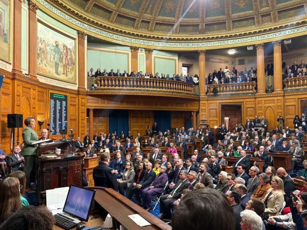 Gov. Maura Healey delivered her State of the Commonwealth address in the House Chamber on Thursday. (Colin A. Young/State House News Service)