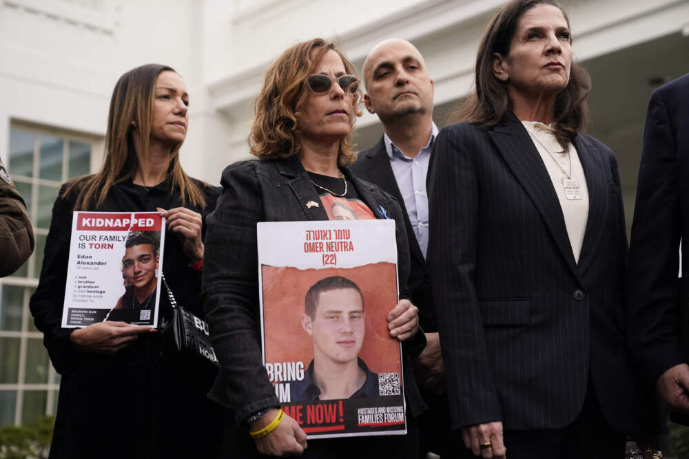 From left, Yael Alexander, mother of Edan Alexander, Orna Neutra, mother of Omer Neutra, Adi Alexander, father of Edan Alexander, and Liz Naftali, great aunt of Abigail More Edan, who was kidnapped but returned in the recent hostage release in Israel, speak to reporters after a meeting with President Joe Biden and the families of Americans who were taken hostage by Hamas during the October 7 attacks in Israel, Wednesday, Dec. 13, 2023, in Washington. (Evan Vucci/AP)