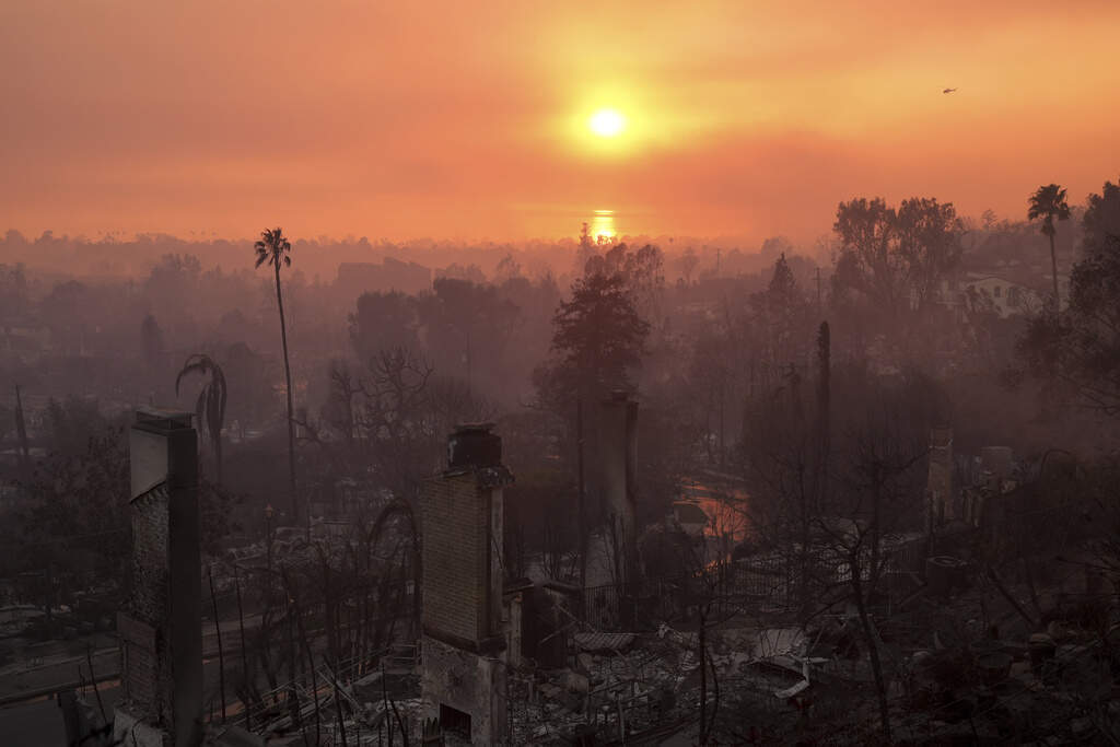 The devastation of the Palisades Fire is seen at sunset in the Pacific Palisades neighborhood of Los Angeles, Thursday, Jan. 9, 2025. (Jae C. Hong/AP)