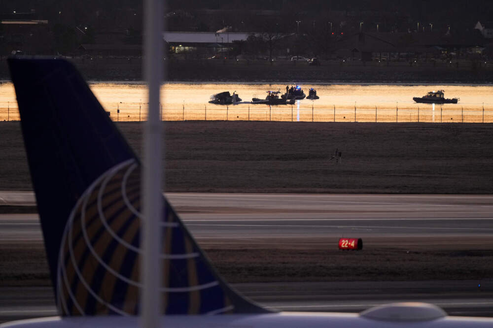 Search and rescue efforts are seen around a wreckage site in the Potomac River from Ronald Reagan Washington National Airport, early Thursday morning, Jan. 30, 2025, in Arlington, Va., past the tail of a parked United Airlines jet. (Mark Schiefelbein/AP)