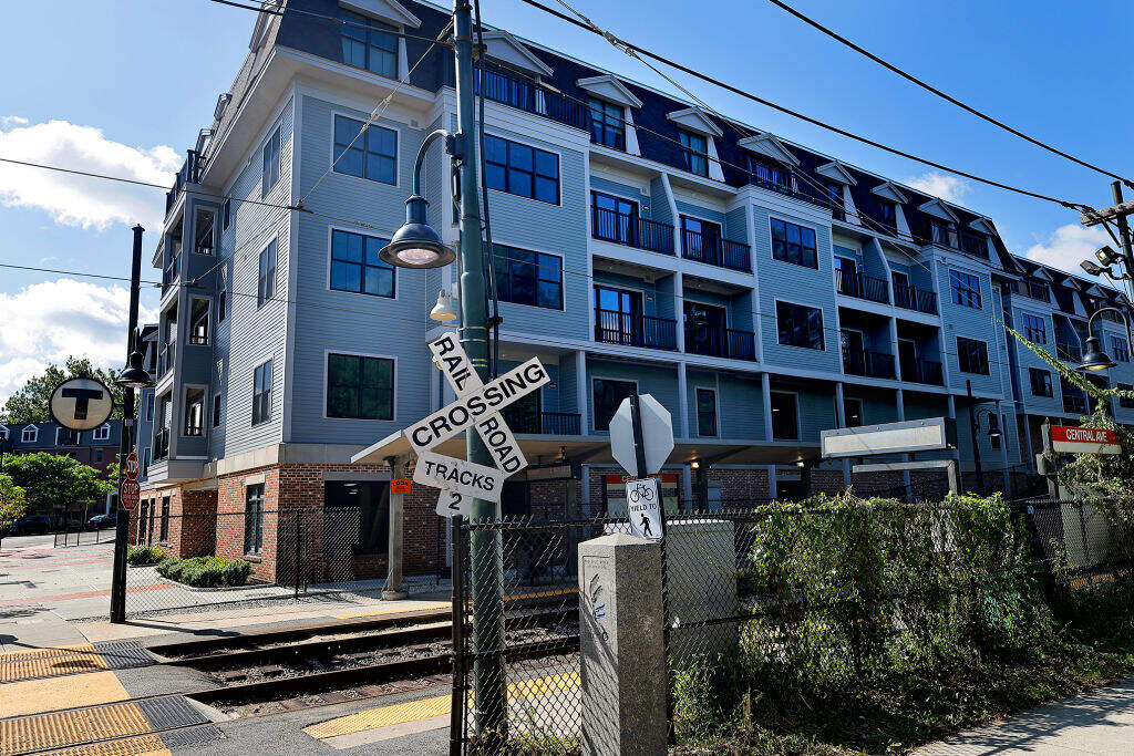 A condo development adjacent to the MBTA's Mattapan trolley line is an example of multifamily housing that Milton has already allowed.
