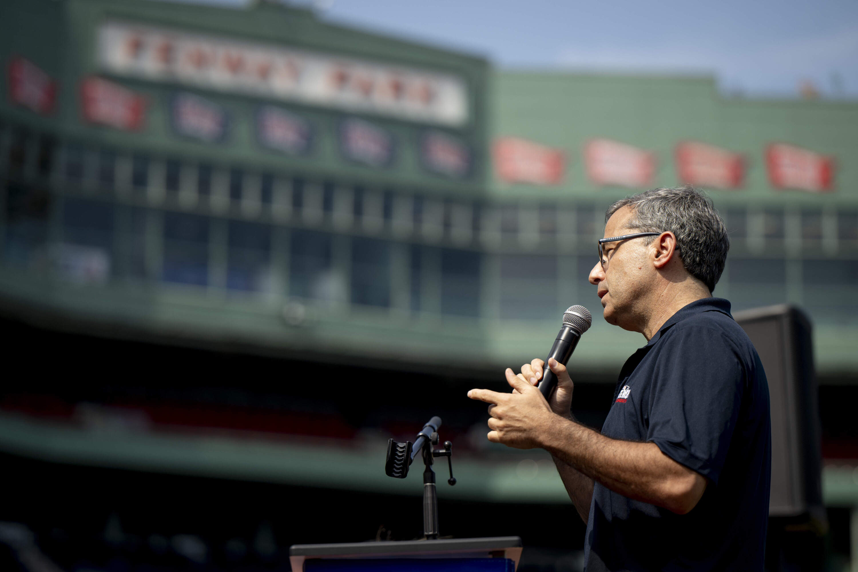 Josh Kraft speaks at the 10th anniversary commemoration of the Frates Foundation Ice Bucket Challenge at Fenway Park last August. (Maddie Malhotra/Boston Red Sox via Getty Images)