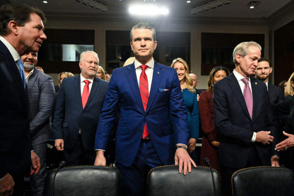 Pete Hegseth (center), President Trump's nominee for secretary of defense, arrives for his confirmation hearing on January 14, 2025 in Washington. (Saul Loeb/AFP via Getty Images)