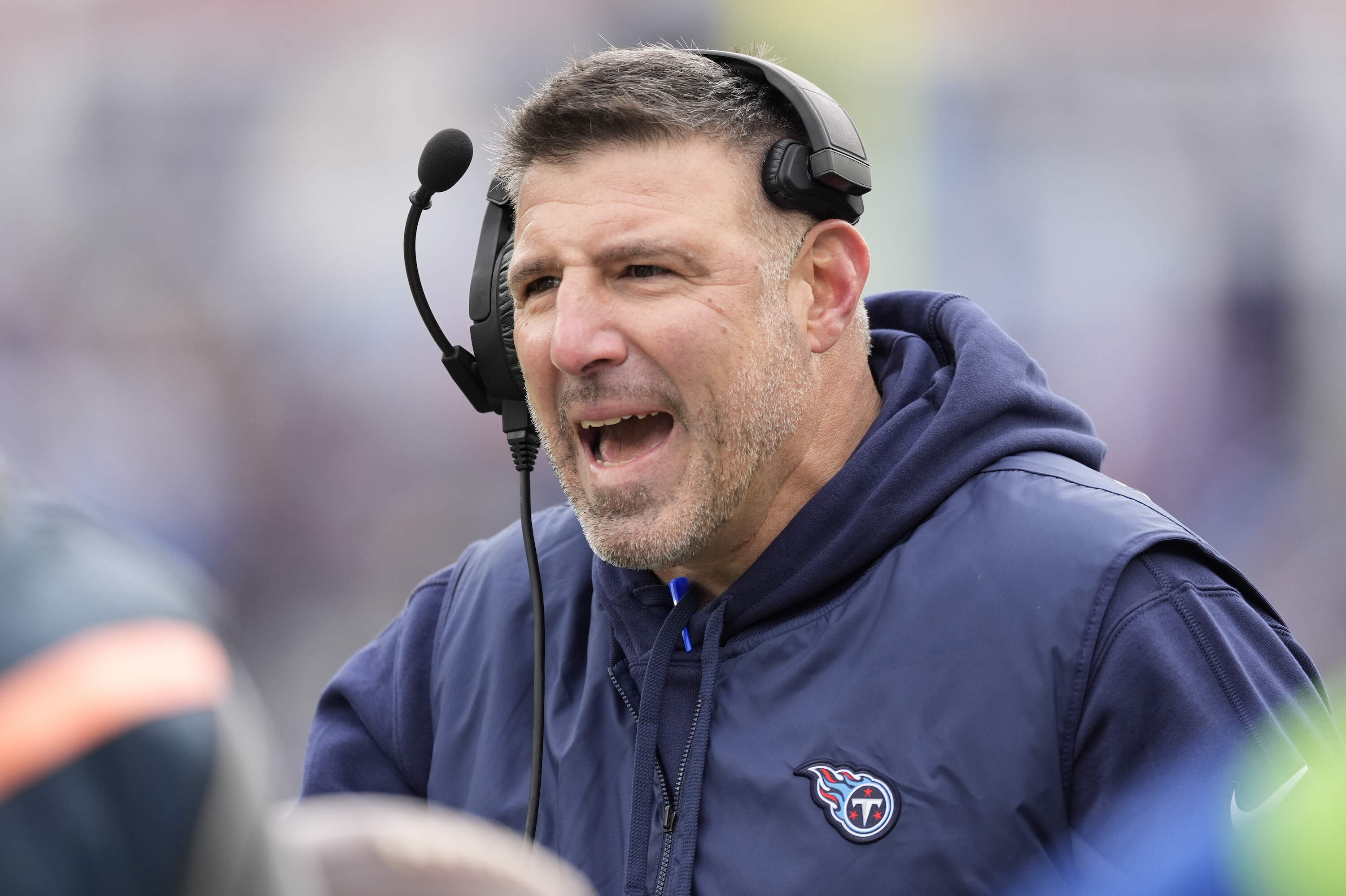 Mike Vrabel, the new coach of the New England Patriots, is pictured coaching the Tennessee Titans during a game in January 2024. (George Walker IV/AP)