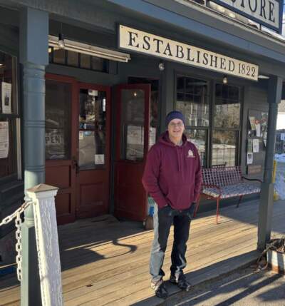 Dave Dauphinais hopes to keep the 200-year-old Tuftonboro General Store open. His wife Erin's death in November is making that a challenge. (Annmarie Timmins/NHPR)