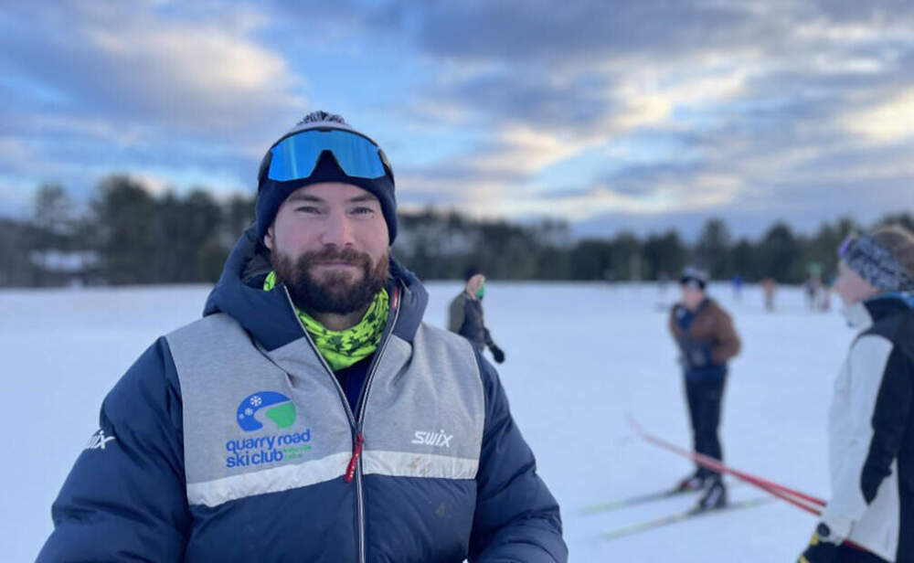 Jeff Tucker, director of skiing at Quarry Road Trails in Waterville and coach of Waterville’s high school ski team, at a recent practice. (Molly Enking/Maine Public)